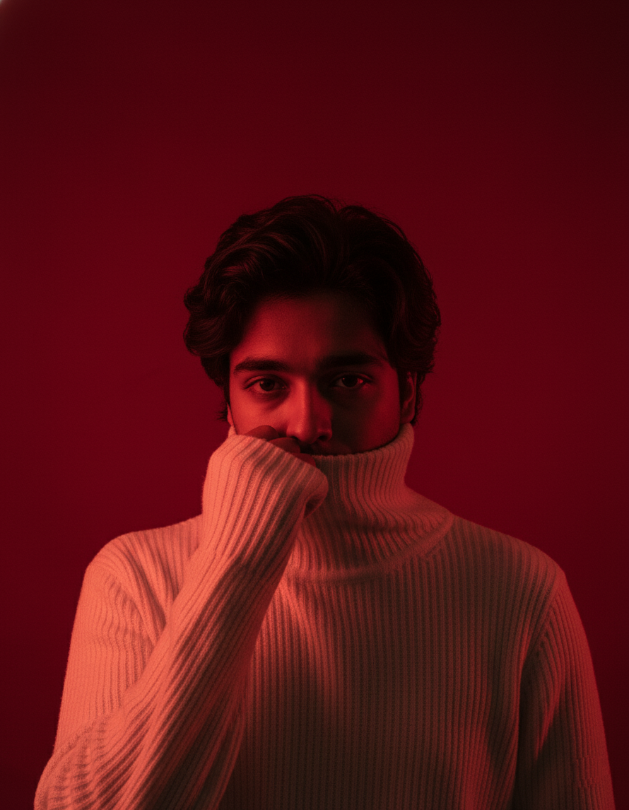 Ashu in a cream sweater, photographed in red studio lighting